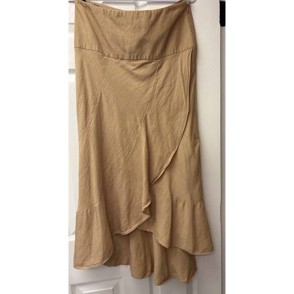 Vntg Y2K Bandolino Linen Bl Midi Skirt Tan SZ 10 Cottagecore Boho Asymmetrical